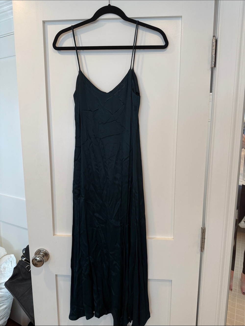 Mango Dark Emerald Green Satin Slip Dress with Spaghetti Straps